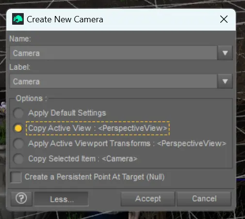 Camera Creation Dialog